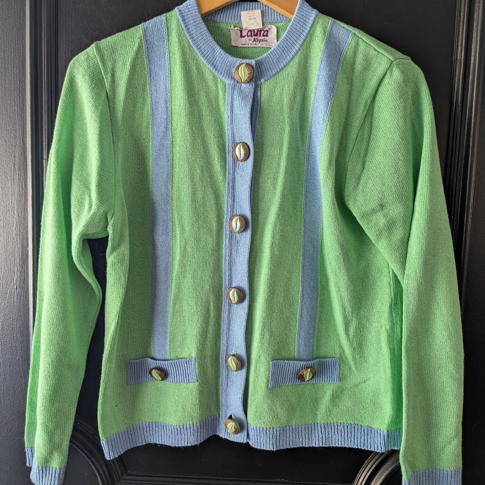 VTG 1980's Laura by Alyzia Green Blue‎ Trim Button Front Cardigan Sweater Sz 8